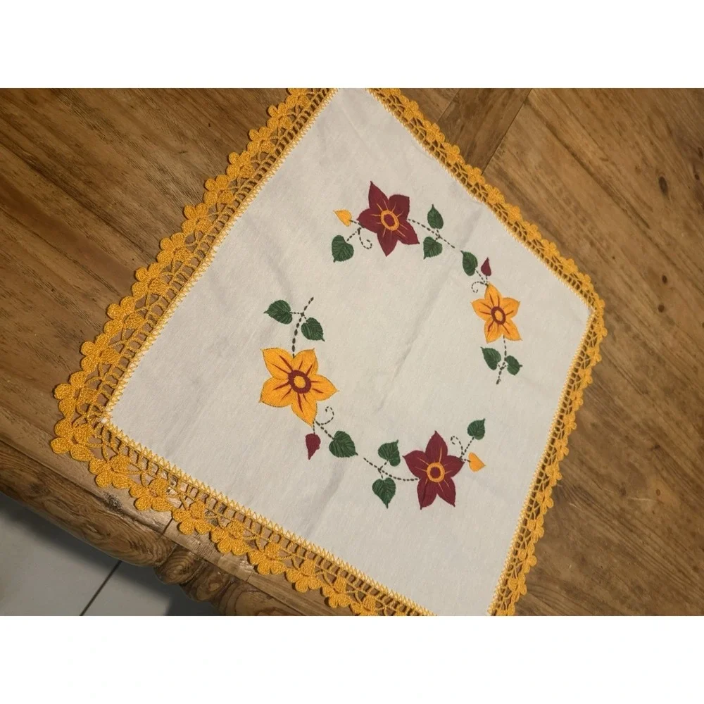 Vintage Hand Embroidered Linen Tablet Topper Crochet Lace Floral Cottagecore